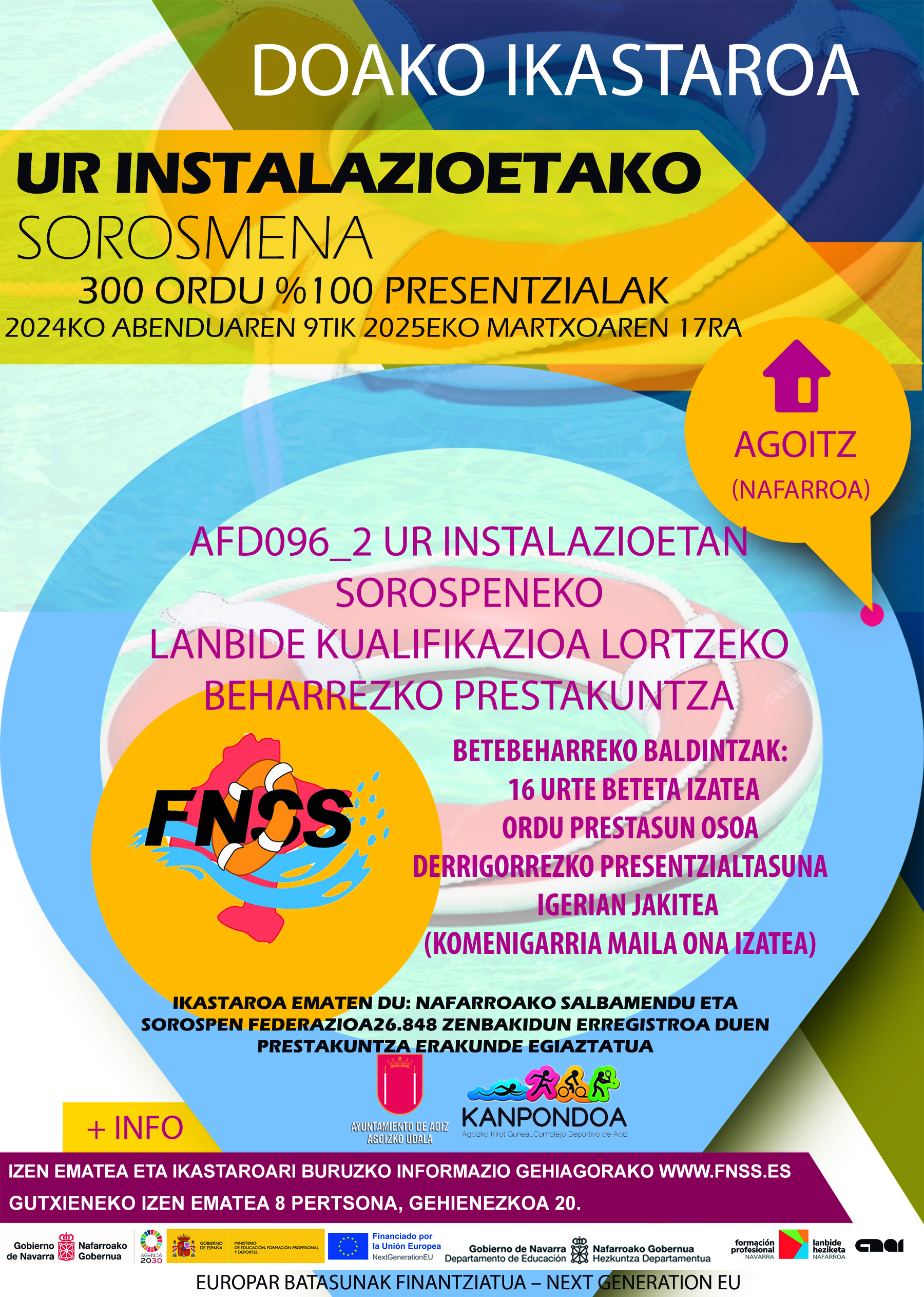 Nuevo Curso gratuito de Socorrismo en Instalaciones Acuáticas en la localidad navarra de Aoiz